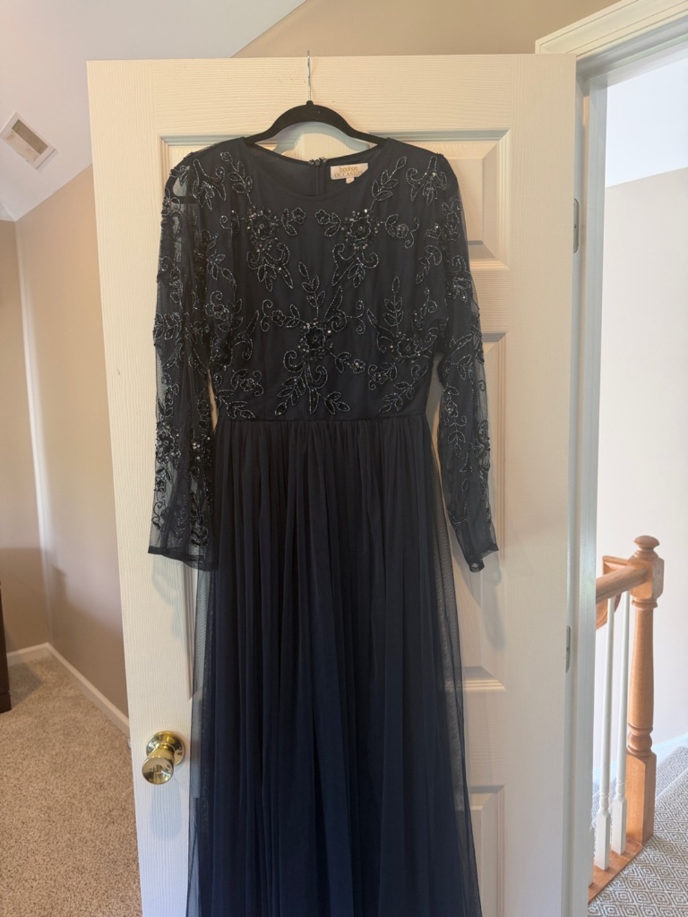 Boohoo Navy Beaded Long Sleeve Tulle Wedding Dress